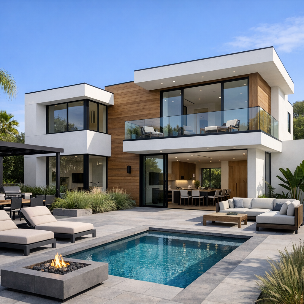 Modern rental property with clean architectural lines No visible text no words no letters Modern rental property with clean architectural lines No visible text no words no letters