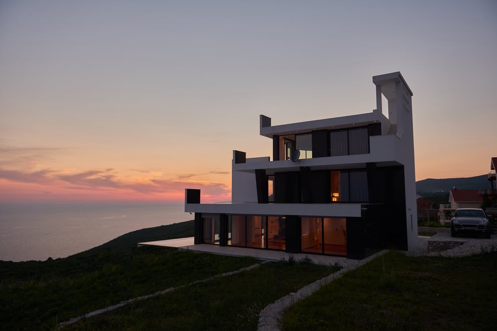 External view of a contemporary house modern villa at  sunset